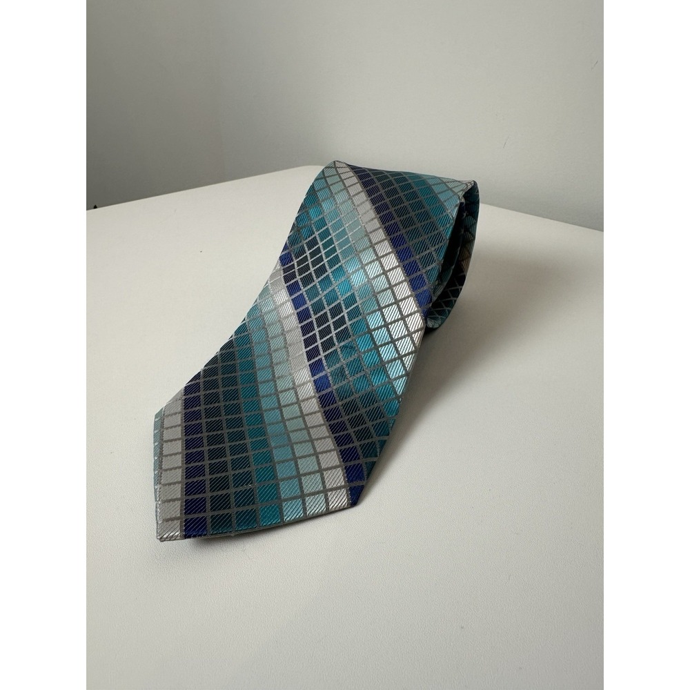 Aurelio Valentino Polyester Formal Necktie Blue Silver Checker Pattern